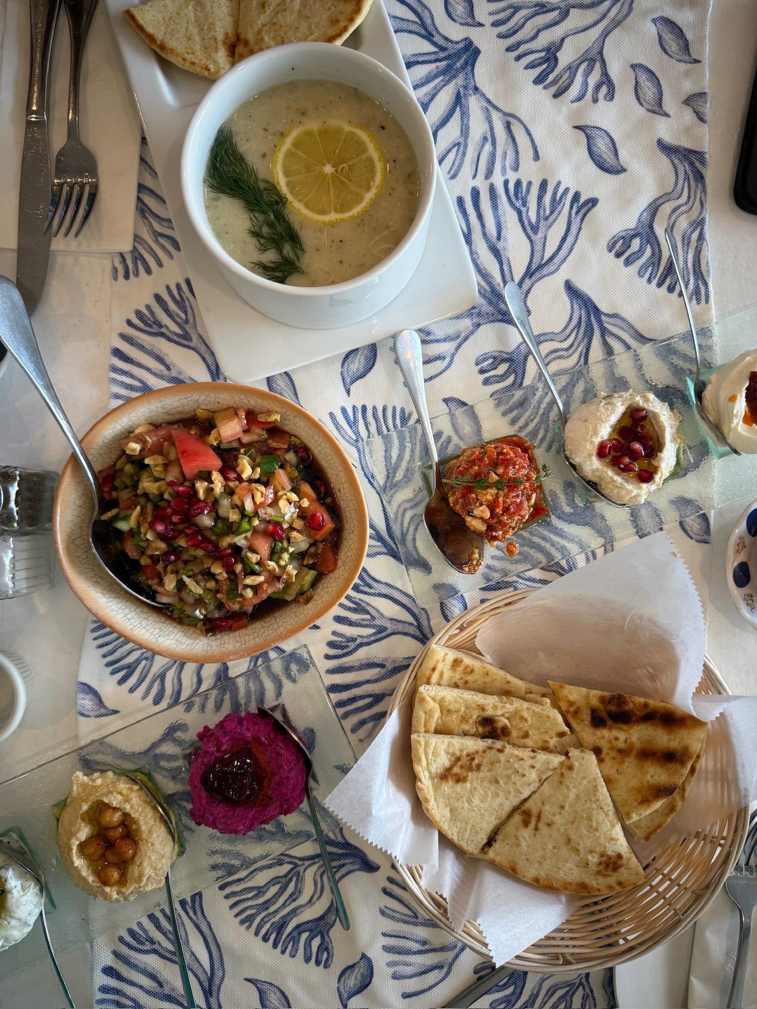 Mezze spread with hummus, salad, and pita